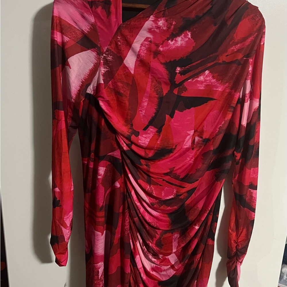 Red Ruched Asymmetrical Long Sleeve Cocktail Dress